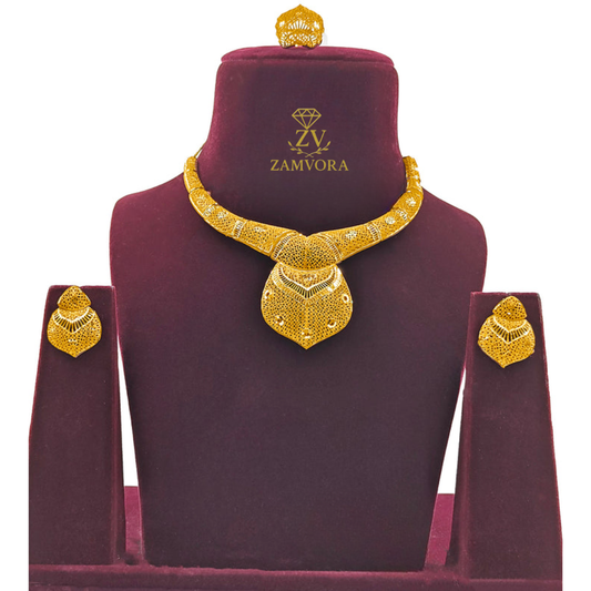 Zamvora Gold-Plated Floral Set: Necklace, Earrings & Ring